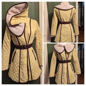 Yellow & Brown RYU Quilted Vintage Inspired Women Size M Coat w/ Belt